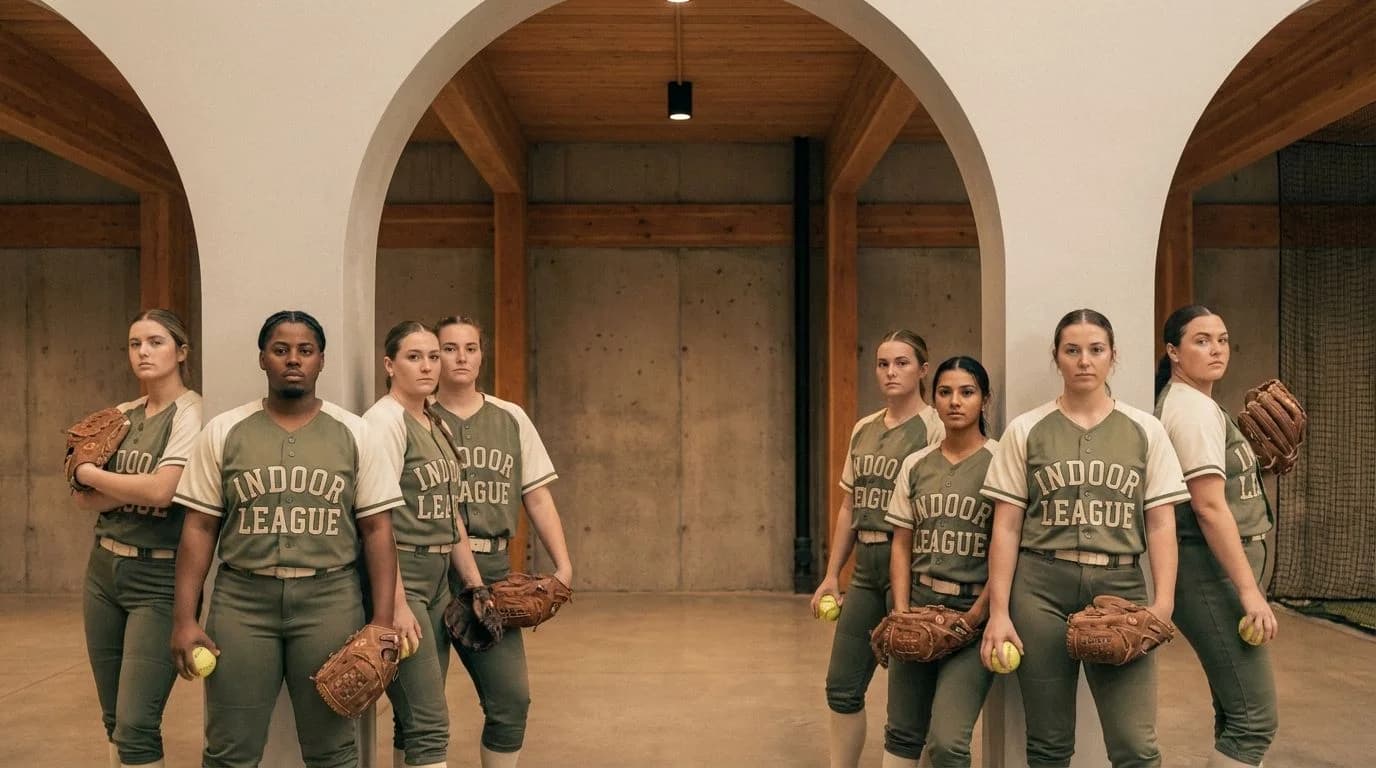 A softball team standing together inside an indoor training facility