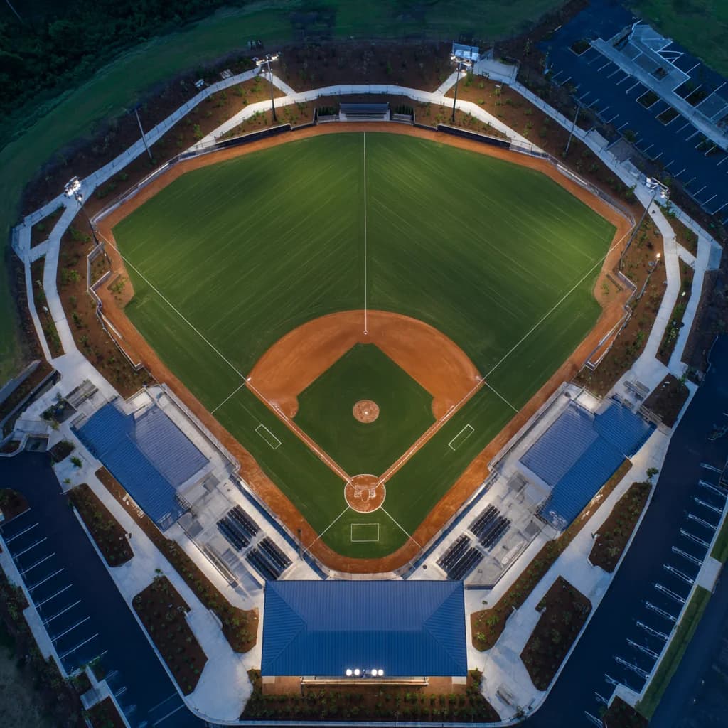 An aerial view of a lit baseball complex at dusk