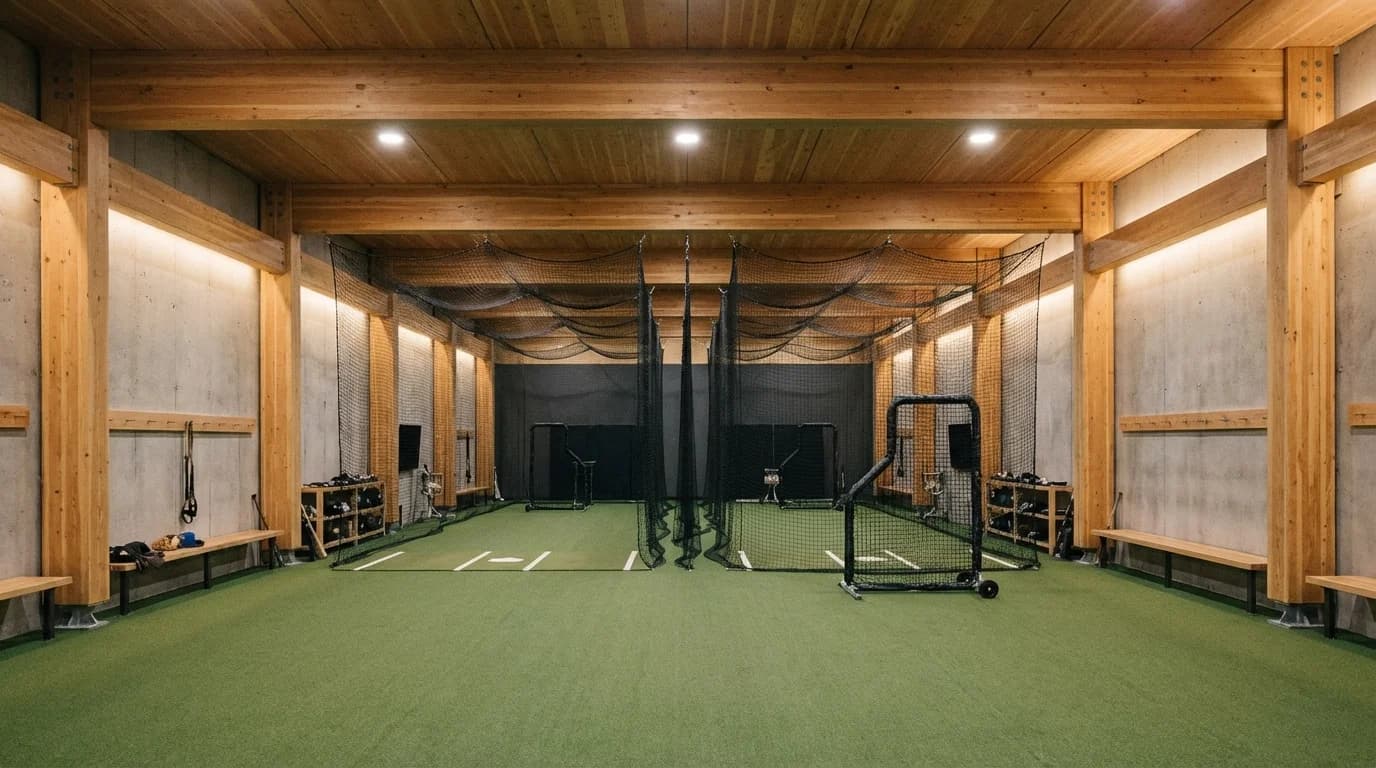 Indoor batting cages inside a timber-framed baseball training facility