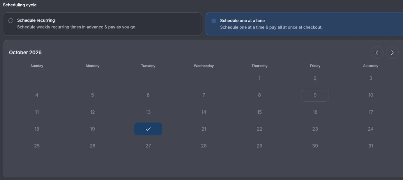 The new lesson booking page with two Scheduling cycle cards, Schedule recurring and Schedule one at a time, above a month calendar with the selected date checked
