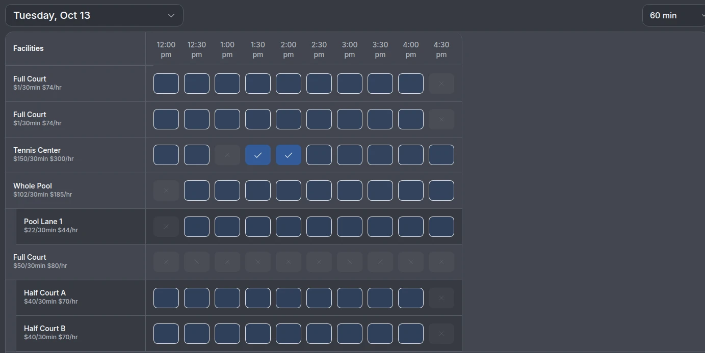 The new rental booking page with a date picker, a 60 min length picker, and a grid of spaces and times where open slots have a blue outline, unavailable slots show a faint ×, and a selected one hour block shows two blue checks