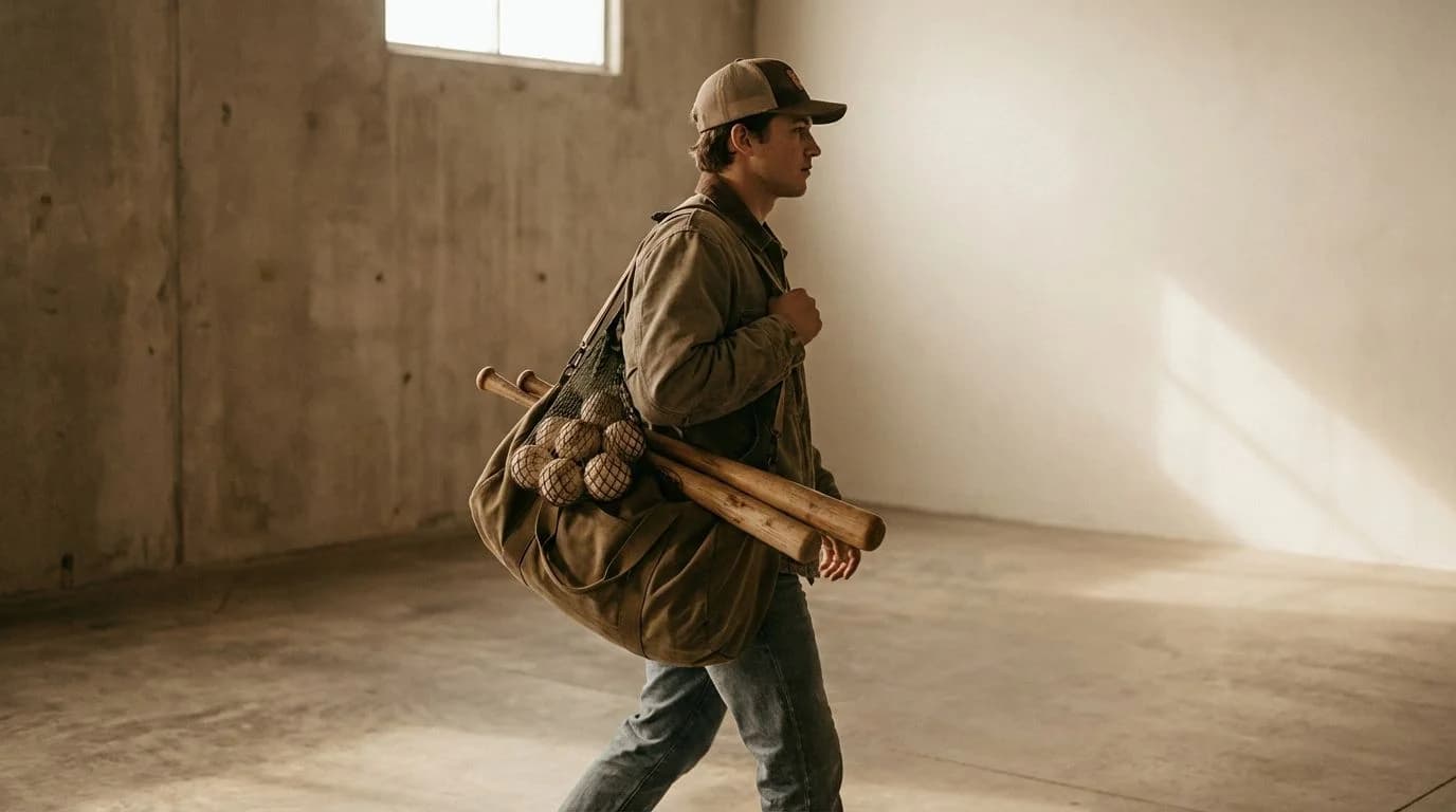 A coach walking through an empty training facility carrying a bag of baseballs and bats