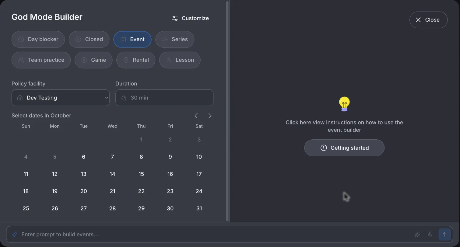 The AI Event Builder with event type chips, a facility and duration picker, a date calendar, a Customize button, and a prompt bar with attachment and microphone icons