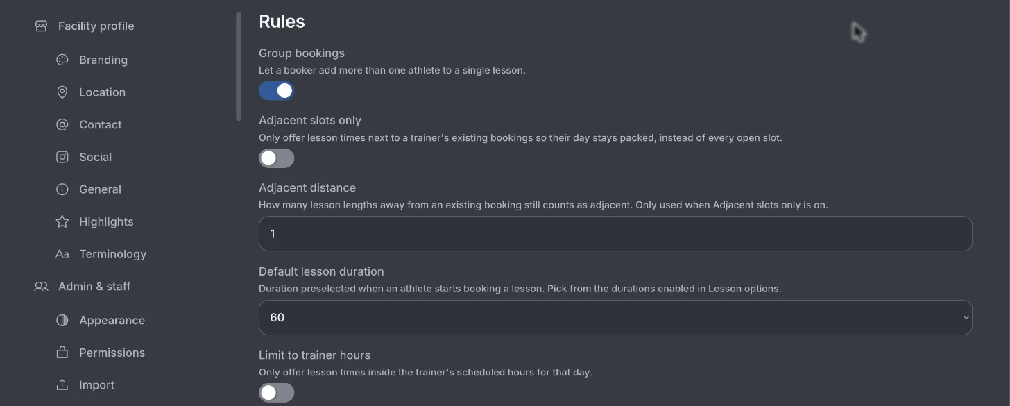 The redesigned Settings area with a grouped side menu (Facility profile: Branding, Location, Contact, Social, General, Highlights, Terminology; Admin and staff: Appearance, Permissions, Import, Segments, Schedule, Metrics, Payroll, Kiosk) beside a full-width Rules page