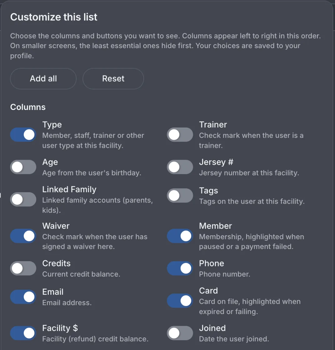 The Customize this list panel for the Users list, with toggles for Type, Trainer, Age, Jersey number, Linked Family, Tags, Waiver, Member, Credits, Phone, Email, Card, Facility credit and Joined columns