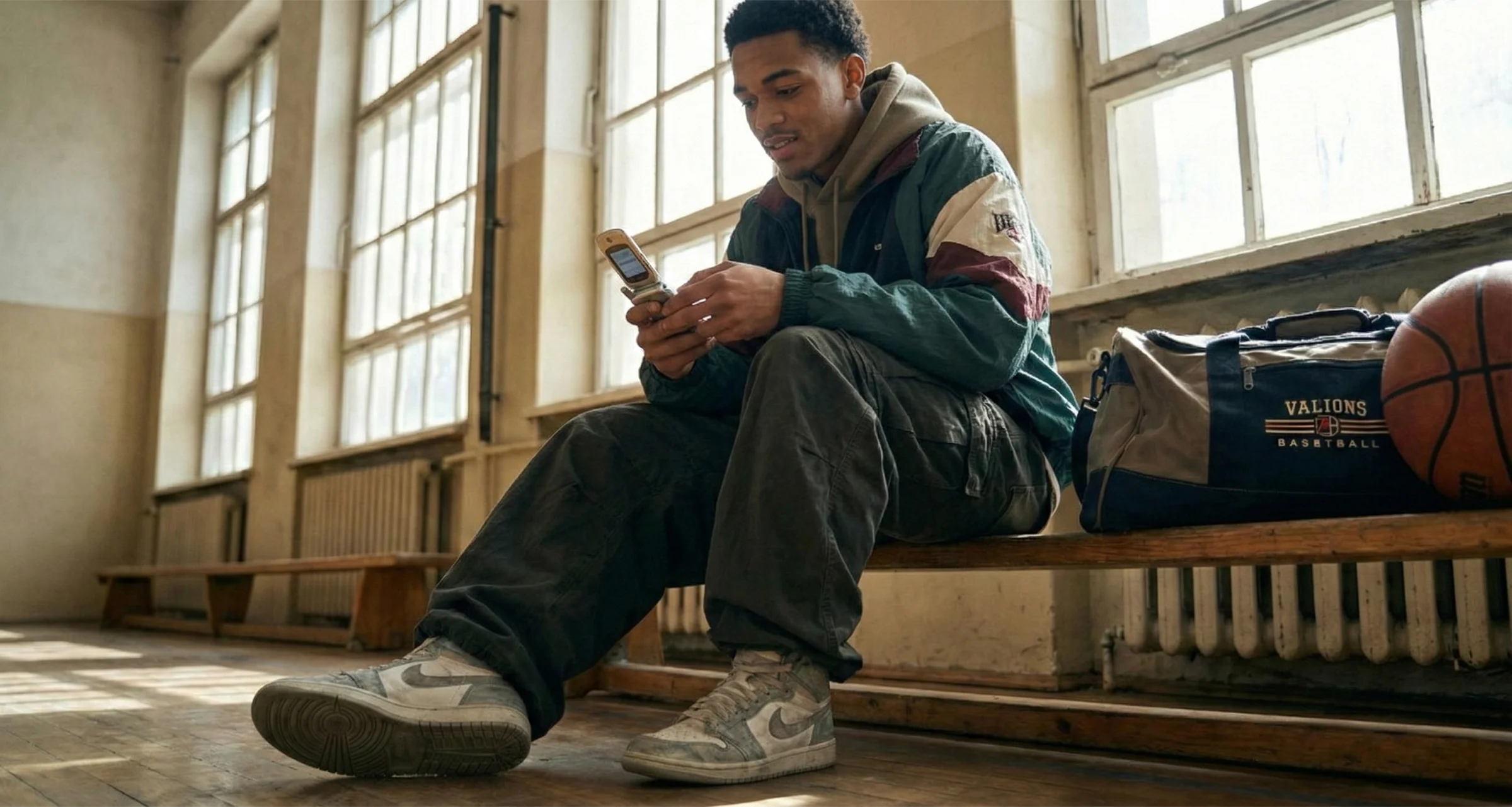 An athlete sitting on a gym bench sending a text message