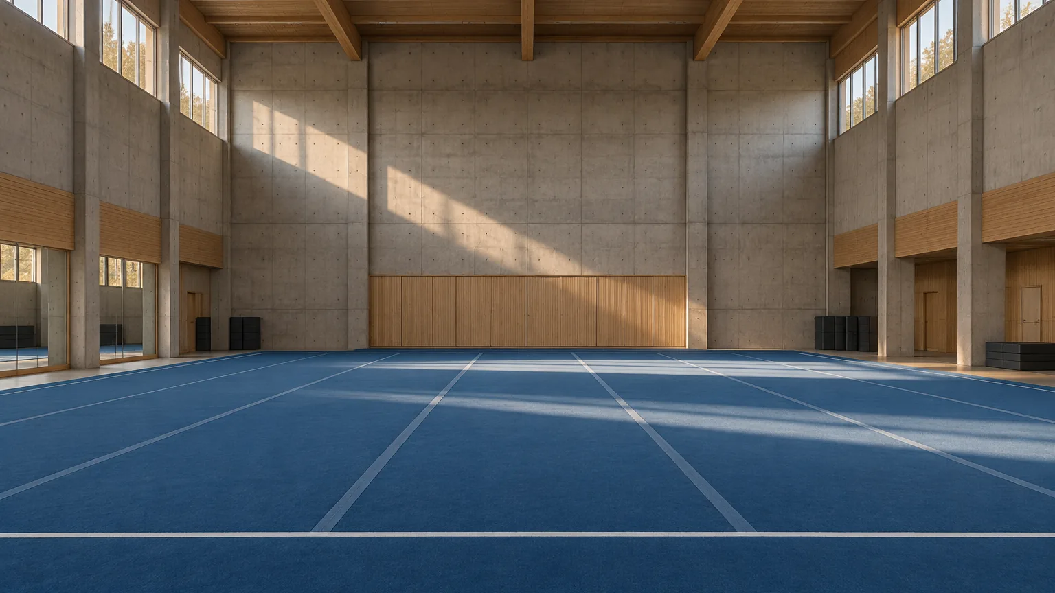 An empty all-star gym with a blue spring floor under high windows