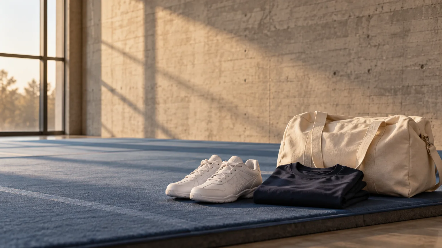 Cheer shoes and a duffel bag at the edge of a spring floor