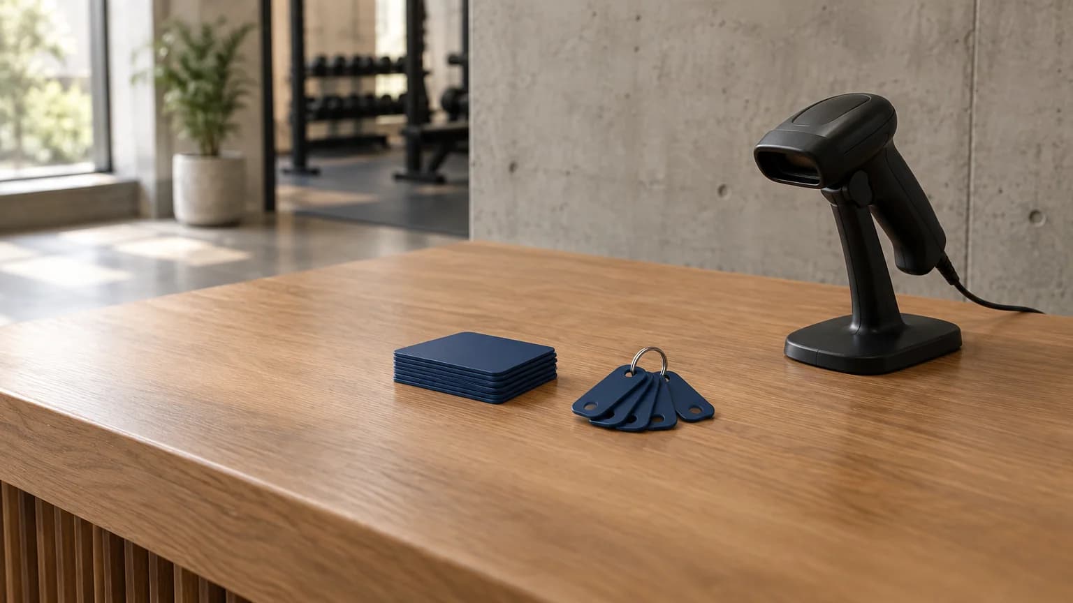 Printed gym membership cards and barcode key tags on a front desk beside a barcode scanner