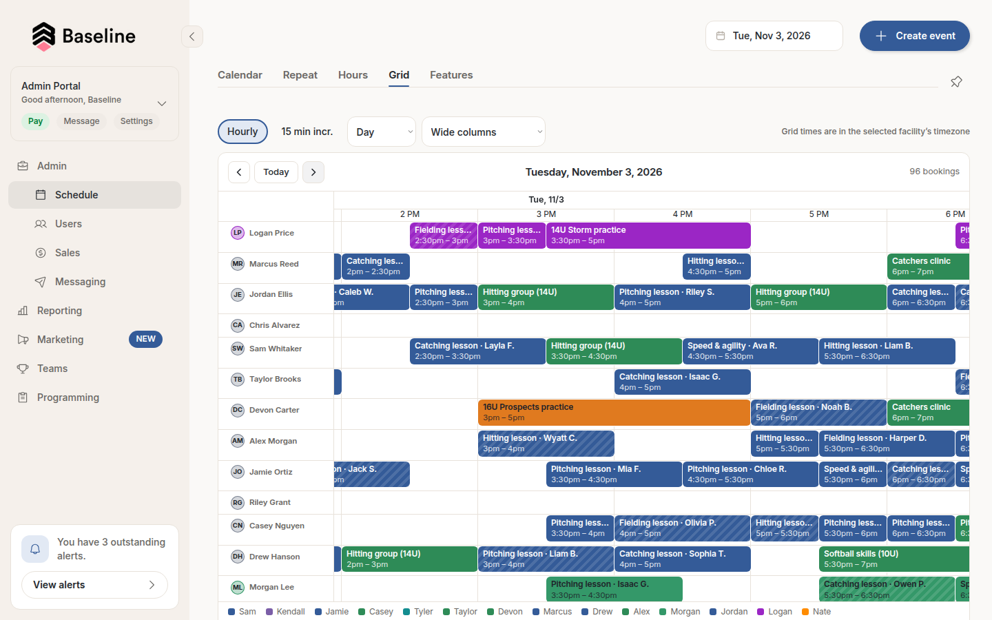 Schedule Grid: Tuesday by trainer, 2–6 PM