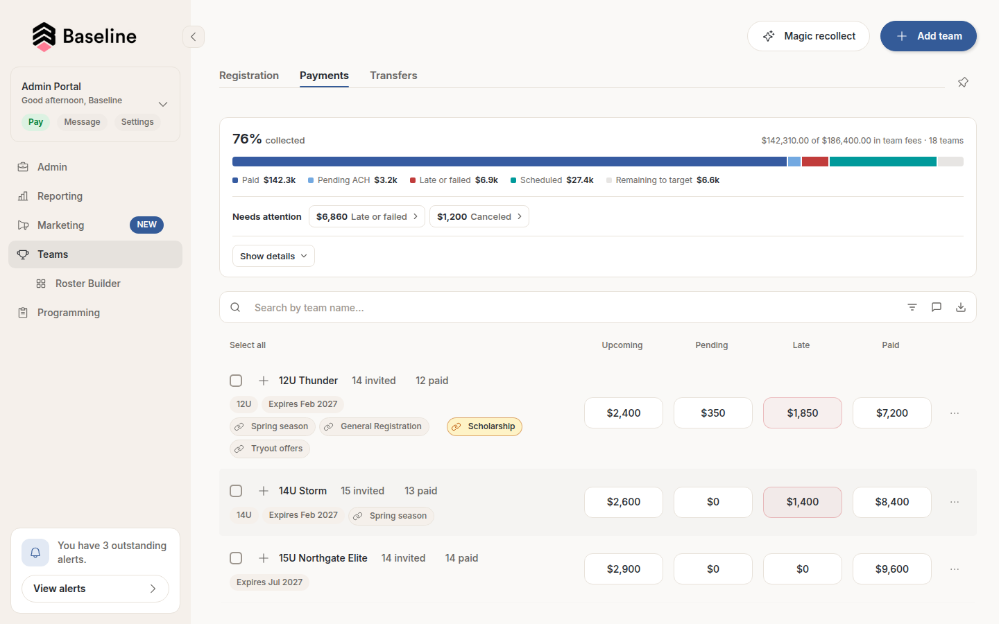 Teams payments: collection progress and each team's upcoming, pending, late and paid balances