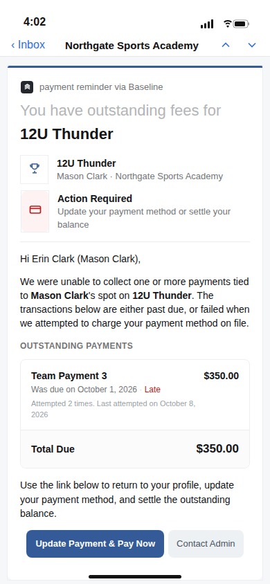 The payment reminder a parent receives, with a direct pay link