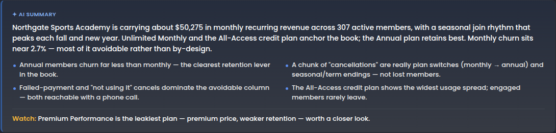 The report's AI summary of revenue, retention and where churn is avoidable